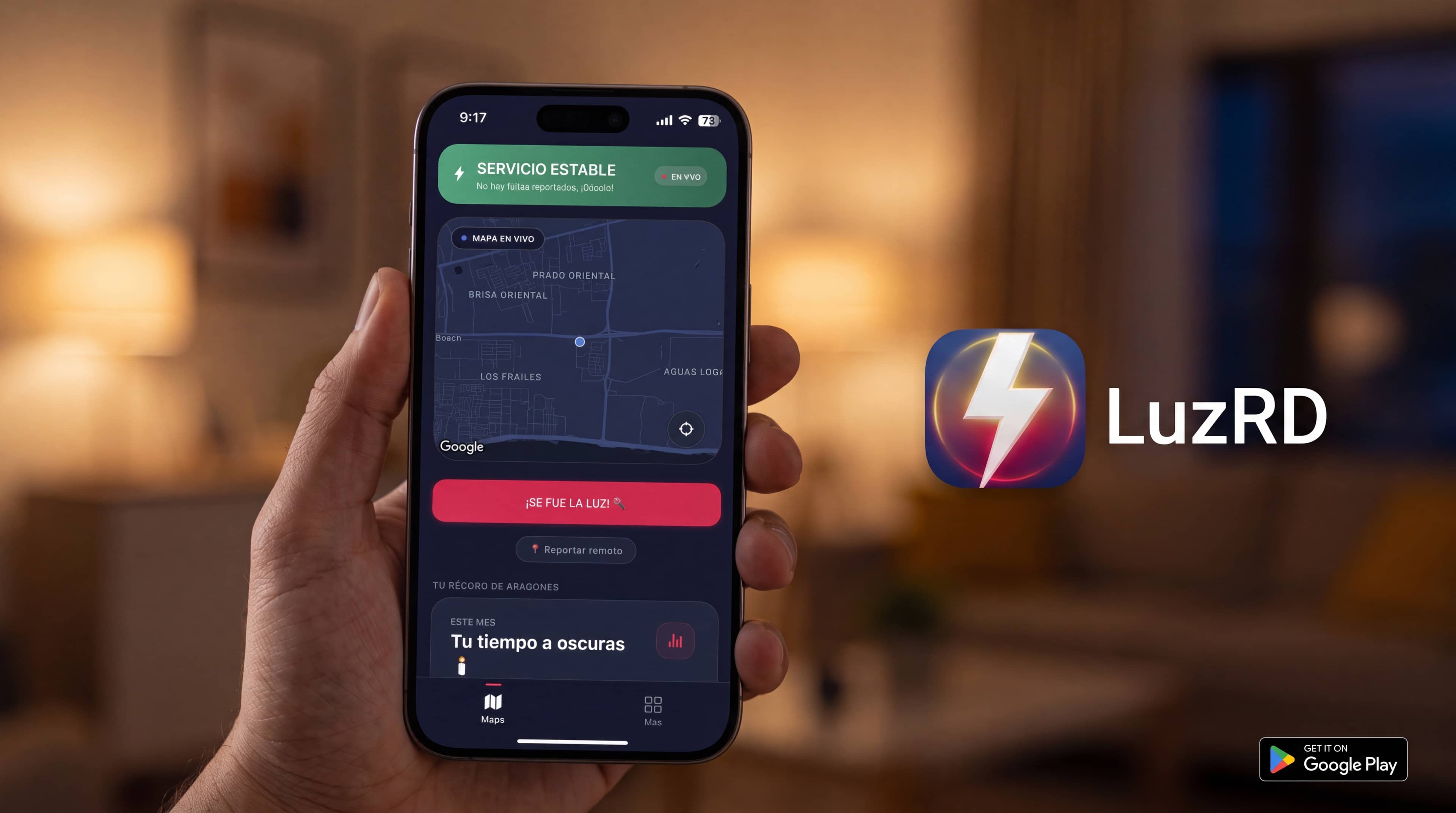 App LuzRD en Android: mapa de apagones en vivo y botón para reportar sin luz